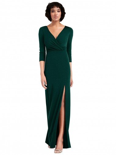 Outlet Floor Length 3/4 Sleeves V-Back Draped Wrap Formal Maxi Spandex Bridesmaid Dress / Prom Dress