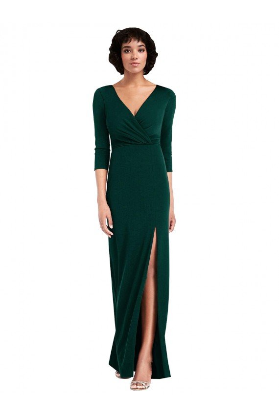 Outlet Floor Length 3/4 Sleeves V-Back Draped Wrap Formal Maxi Spandex Bridesmaid Dress / Prom Dress