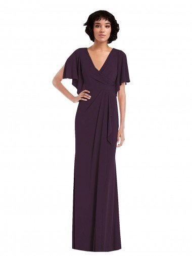 Outlet Faux Wrap Split Sleeves Formal Maxi Spandex Bridesmaid Dress / Prom Dress with Cascade Skirt