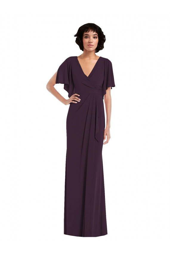 Outlet Faux Wrap Split Sleeves Formal Maxi Spandex Bridesmaid Dress / Prom Dress with Cascade Skirt