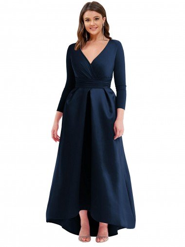 Outlet Long Sleeves Wrapped Formal Spandex Bridesmaid Dress / Prom Dress with High Low Full Skirt and Pockets