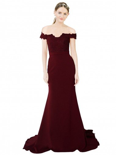 Outlet Full Length Off the Shoulder Formal Crepe Bridesmaid Dress / Prom Dress with Lace On Bodice and Back