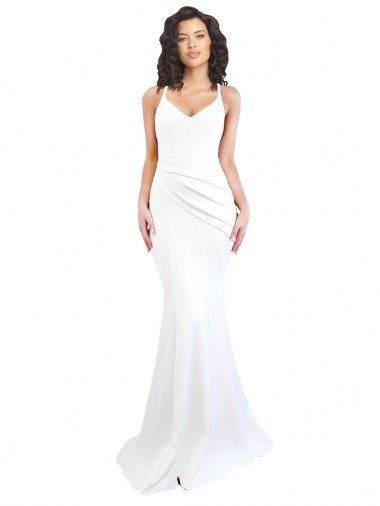 Outlet Fishtail Shape Spaghetti Straps Open Back Formal Crepe Bridesmaid Dress / Prom Dress with Ruffles