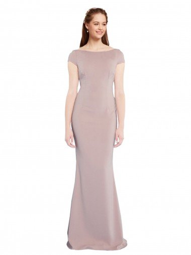 Outlet Boat Neck Cap Sleeve Formal Crepe Bridesmaid Dress / Prom Dress with Plunging Tie Back