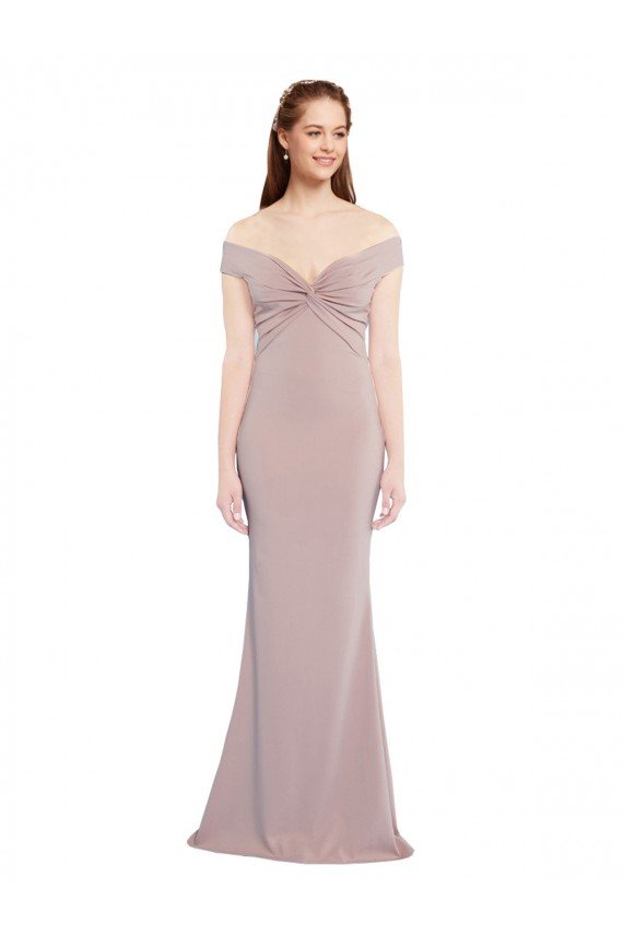 Outlet Knotted Off the Shoulder Formal Crepe Bridesmaid Dress / Prom Dress with Cut-Out Back