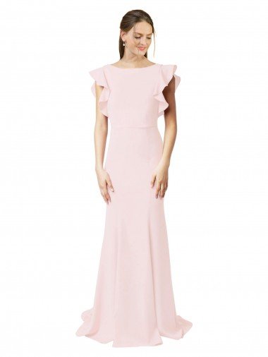 Outlet Low V-Back Long Mermaid Crepe Bridesmaid Dress / Prom Dress with Ruffled Sleeves