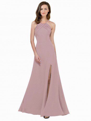 Outlet High Neck Crepe Bridesmaid Dress / Prom Dress with Pleats and Keyhole Back
