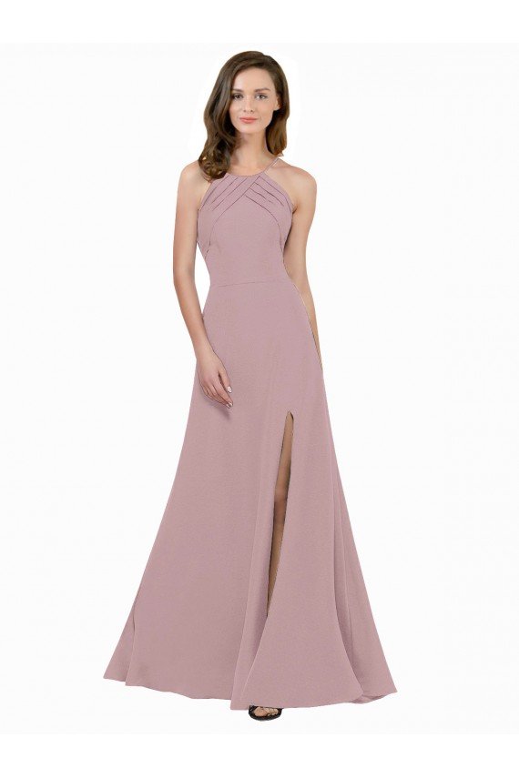 Outlet High Neck Crepe Bridesmaid Dress / Prom Dress with Pleats and Keyhole Back