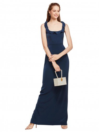 Outlet Scoop Neck with Ruffles Long Formal Crepe Bridesmaid Dress / Prom Dress with Back Slit