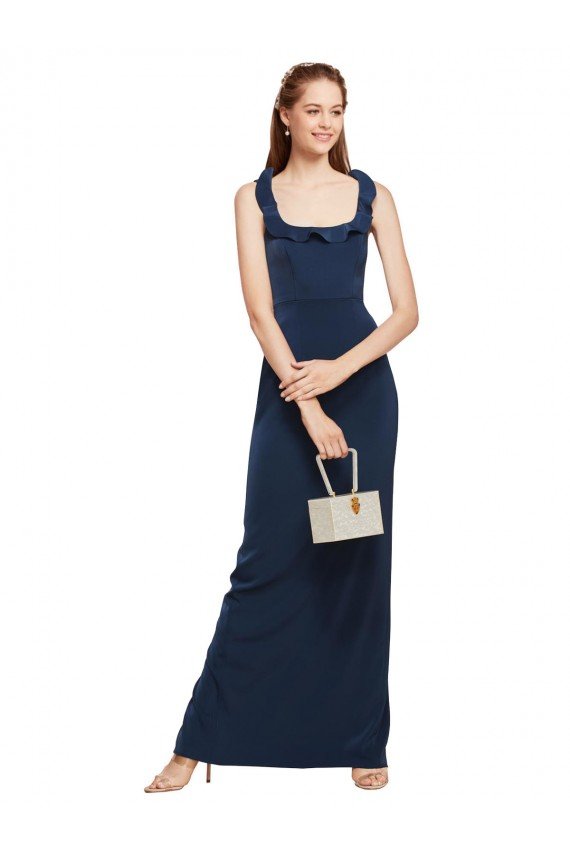 Outlet Scoop Neck with Ruffles Long Formal Crepe Bridesmaid Dress / Prom Dress with Back Slit