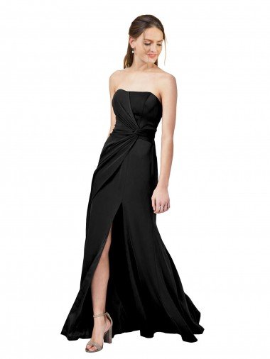 Outlet Strapless Fit and Flare Long Formal Crepe Bridesmaid Dress / Prom Dress with Knot and Slit