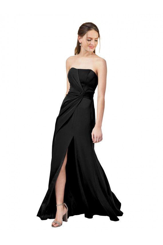 Outlet Strapless Fit and Flare Long Formal Crepe Bridesmaid Dress / Prom Dress with Knot and Slit
