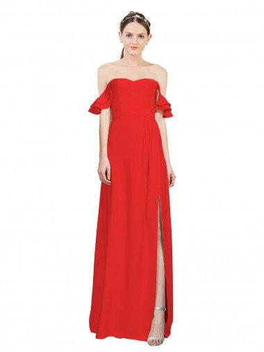 Outlet Double Ruffle Flounce Sleeves Formal Crepe Bridesmaid Dress / Prom Dress with Slit