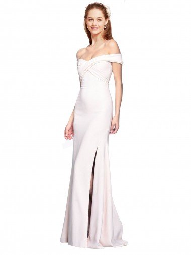 Outlet Criss Cross Off the Shoulder Formal Crepe Bridesmaid Dress / Prom Dress with Side Slit