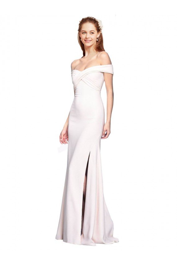 Outlet Criss Cross Off the Shoulder Formal Crepe Bridesmaid Dress / Prom Dress with Side Slit
