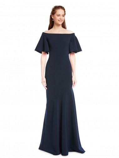 Outlet Off the Shoulder Formal Crepe Bridesmaid Dress / Prom Dress with Short Ruffle Sleeves.