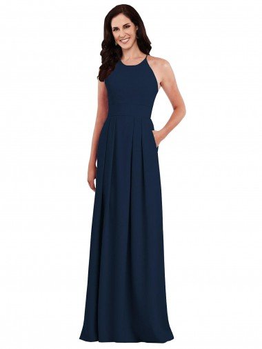 Outlet Criss Cross Back Crepe Halter Bridesmaid Dress with Pockets