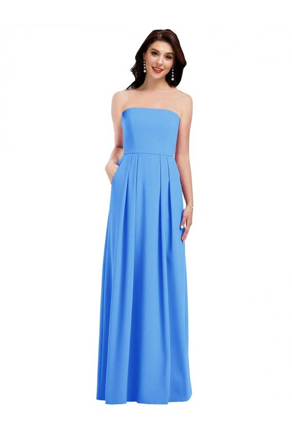 Outlet Strapless Pleated Skirt Crepe Bridesmaid Dress / Prom Dress with Pockets