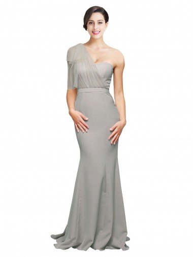 Outlet Long Sweep Train Sweetheart Formal Crepe Bridesmaid Dress / Prom Dress with Tulle One Shoulder