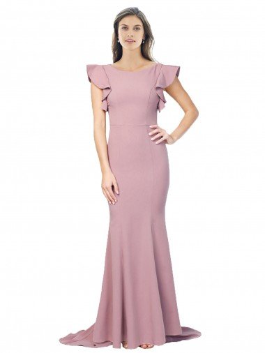 Outlet Flutter Sleeves Low V-Back High Round Neck Formal Crepe Bridesmaid Dress / Prom Dress