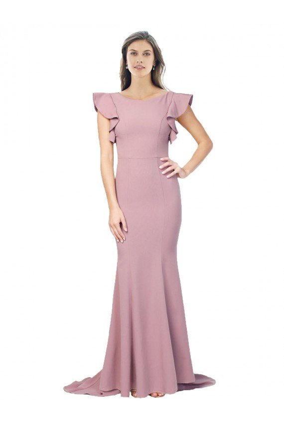Outlet Flutter Sleeves Low V-Back High Round Neck Formal Crepe Bridesmaid Dress / Prom Dress
