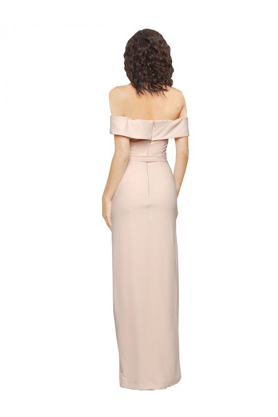 Outlet Off the Shoulder Long Formal Crepe Bridesmaid Dress / Prom Dress with Waist Tie and Slit