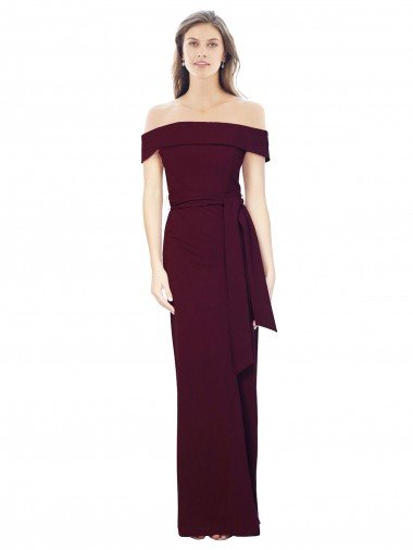 Outlet Off the Shoulder Long Formal Crepe Bridesmaid Dress / Prom Dress with Waist Tie