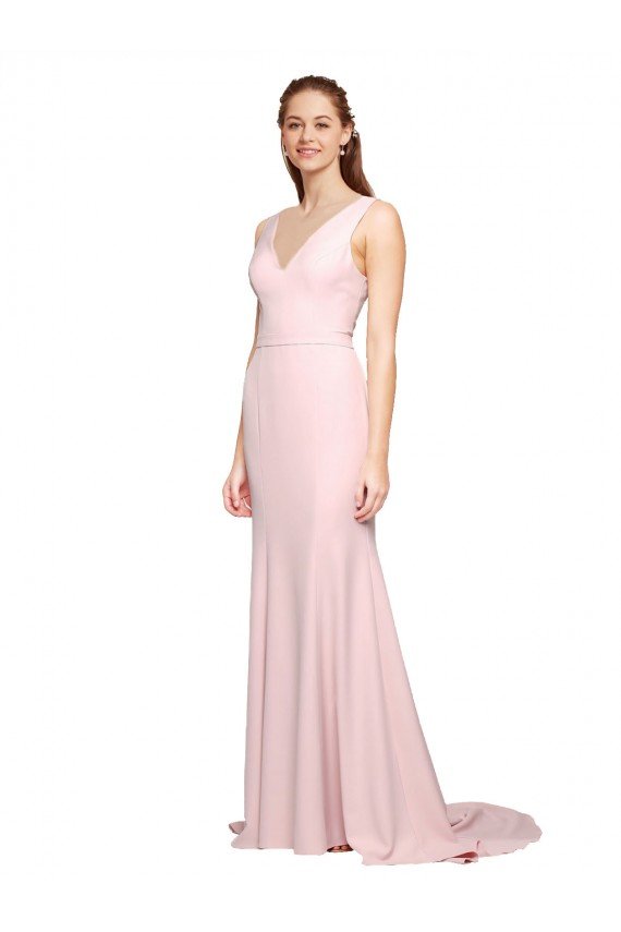 Outlet Deep V-Neckline and Back Long Sweep Train Crepe Bridesmaid Dress / Prom Dress with Shoulder Straps