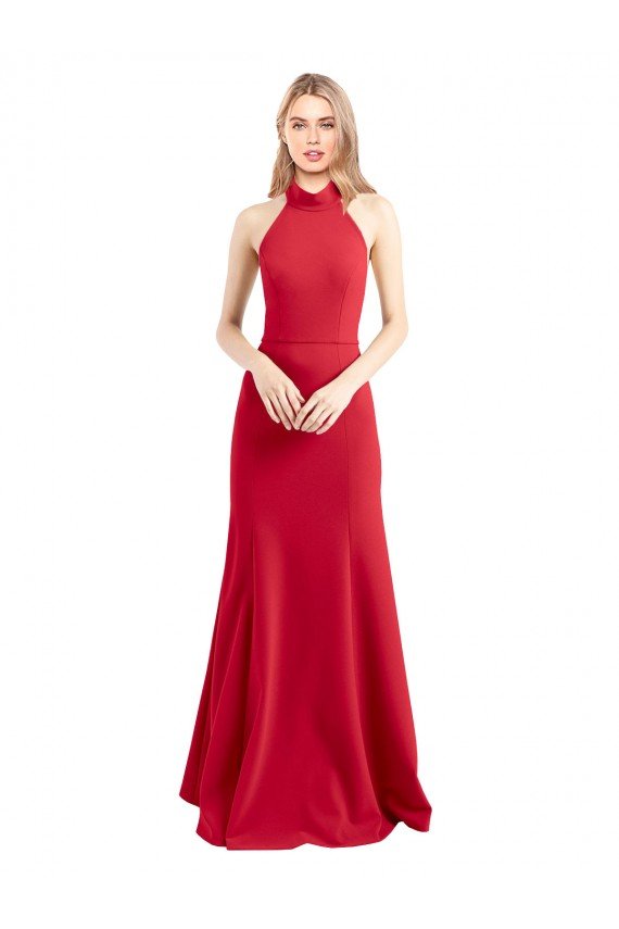 Outlet Sleek Fit and Flare High Neck Halter Stretch Formal Crepe Bridesmaid Dress / Prom Dress with Open Back