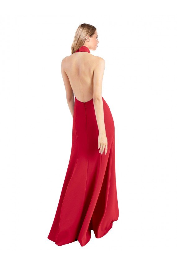 Outlet Sleek Fit and Flare High Neck Halter Stretch Formal Crepe Bridesmaid Dress / Prom Dress with Open Back