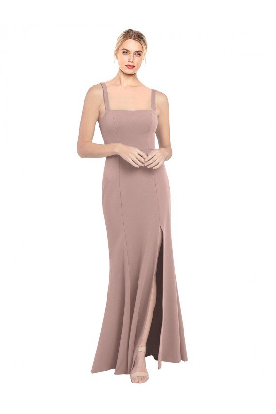 Outlet Square Neck Fit and Flare Long Stretch Crepe Bridesmaid Dress / Prom Dress with Side Slit