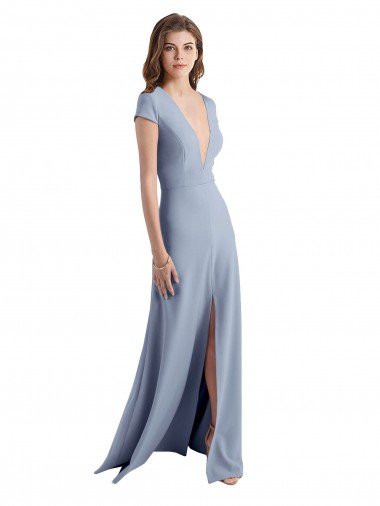 Outlet Plunging V-Neck Cap Sleeves Stretch Crepe Bridesmaid Dress / Prom Dress with Front Slit