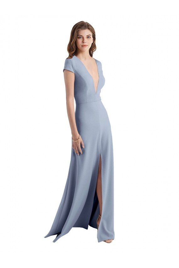 Outlet Plunging V-Neck Cap Sleeves Stretch Crepe Bridesmaid Dress / Prom Dress with Front Slit