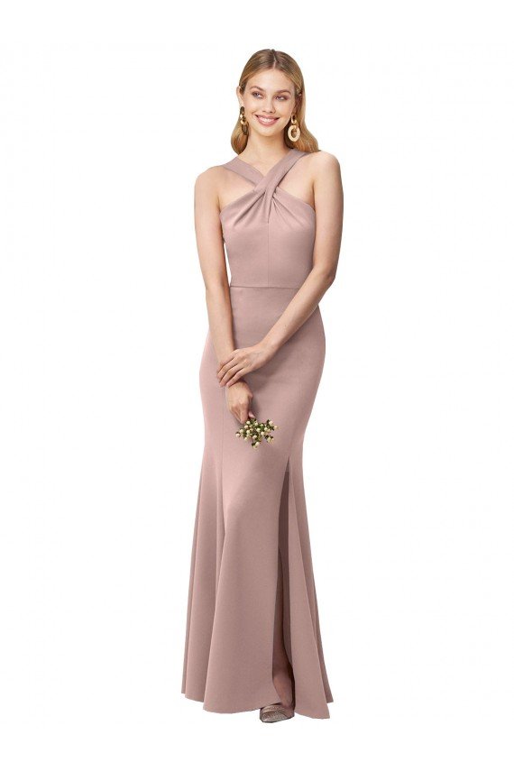 Outlet Long Floor Length High Neck Fit and Flare Stretch Crepe Bridesmaid Dress / Prom Dress with Side Slit