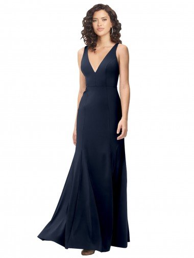 Outlet Classic V-Neck Long Stretch Formal Crepe Bridesmaid Dress / Prom Dress with V-Back