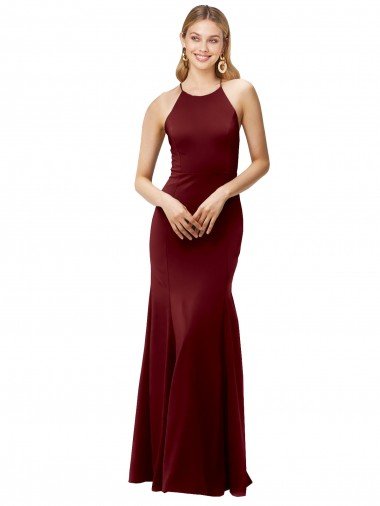 Outlet Fit and Flare Halter Neckline Stretch Formal Crepe Bridesmaid Dress / Prom Dress with Strappy Back