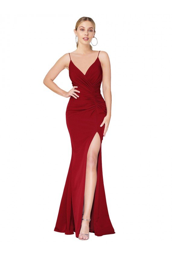 Outlet Spaghetti Straps V-Neck Long Formal Crepe Dress with High Slit