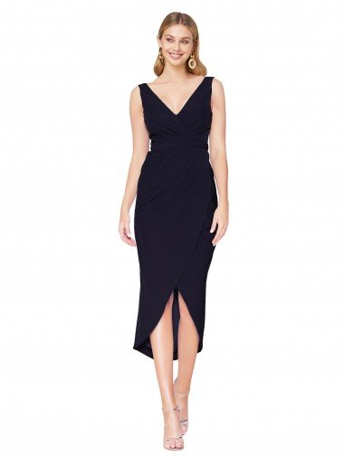 Outlet Knee Length V-Neck Formal Crepe Short Cocktail Wrap Bridesmaid Dress / Prom Dress