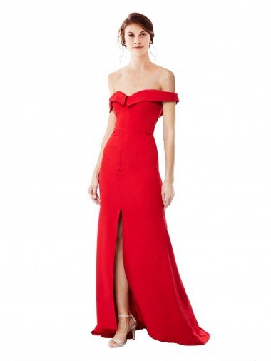 Outlet Off the Shoulder Chapel Train Formal Crepe Bridesmaid Dress / Prom Dress with Thigh-High slit