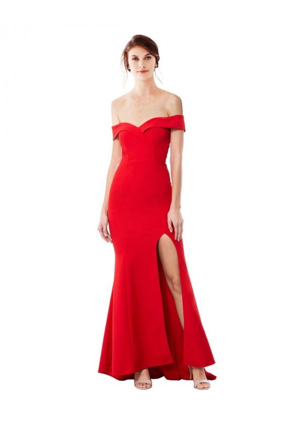 Outlet Off the Shoulder Sweetheart Maxi Formal Crepe Bridesmaid Dress / Prom Dress With Thigh Split and Train