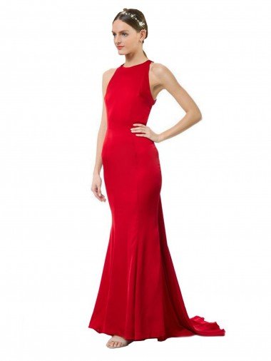 Outlet High Neck Mermaid Open Back Formal Crepe Maxi Bridesmaid Dress / Prom Dress with Train Detail
