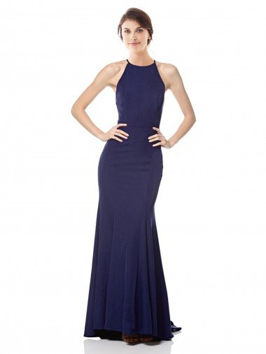 Outlet High Neck Fishtail Formal Crepe Bridesmaid Dress / Prom Dress with Open Back Detail