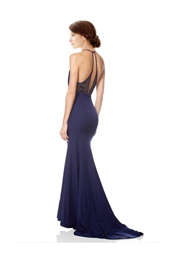 Outlet High Neck Fishtail Formal Crepe Bridesmaid Dress / Prom Dress with Open Back Detail