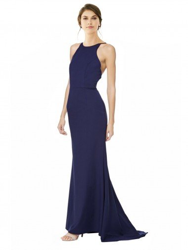 Outlet Fishtail High Neck Maxi Formal Crepe Bridesmiad Dress with Strappy Back Detail