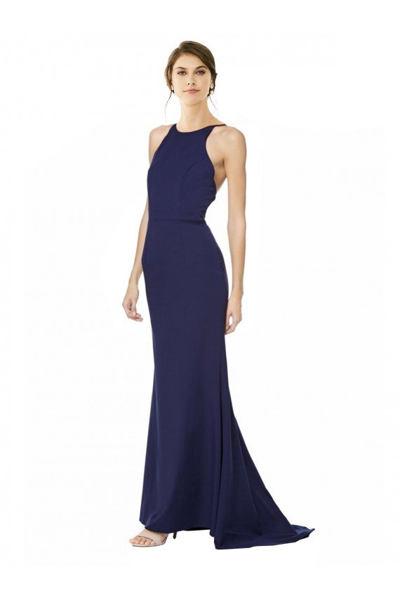 Outlet Fishtail High Neck Maxi Formal Crepe Bridesmiad Dress with Strappy Back Detail