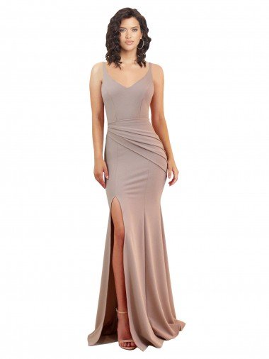 Outlet Fishtail Shape V-Neck Formal Crepe Bridesmaid Dress / Prom Dress with Slit