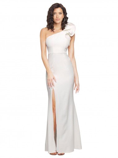 Outlet One Shoulder Long Full Length Formal Crepe Bridesmaid Dress / Prom Dress with Ruffles and Side Split