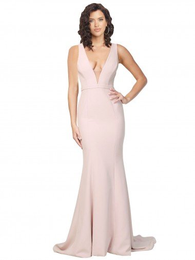 Outlet Deep Plunging V-Neckline Full Length Formal Crepe Bridesmaid Dress / Prom Dress with Deep V-Backline