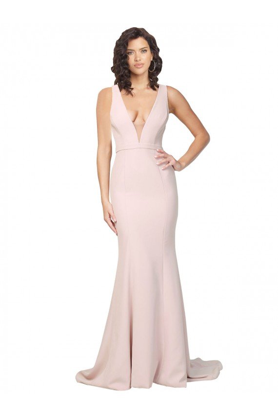 Outlet Deep Plunging V-Neckline Full Length Formal Crepe Bridesmaid Dress / Prom Dress with Deep V-Backline
