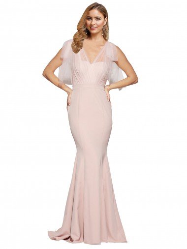 Outlet Double Bow Full Length Sweetheart Formal Crepe Bridesmaid Dress / Prom Dress with Tulle Overlay